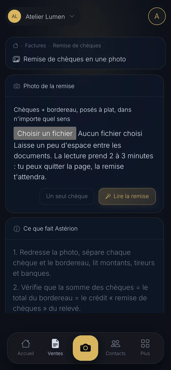 Remise de chèques : vue téléphone d'END OS (démo Atelier Lumen)