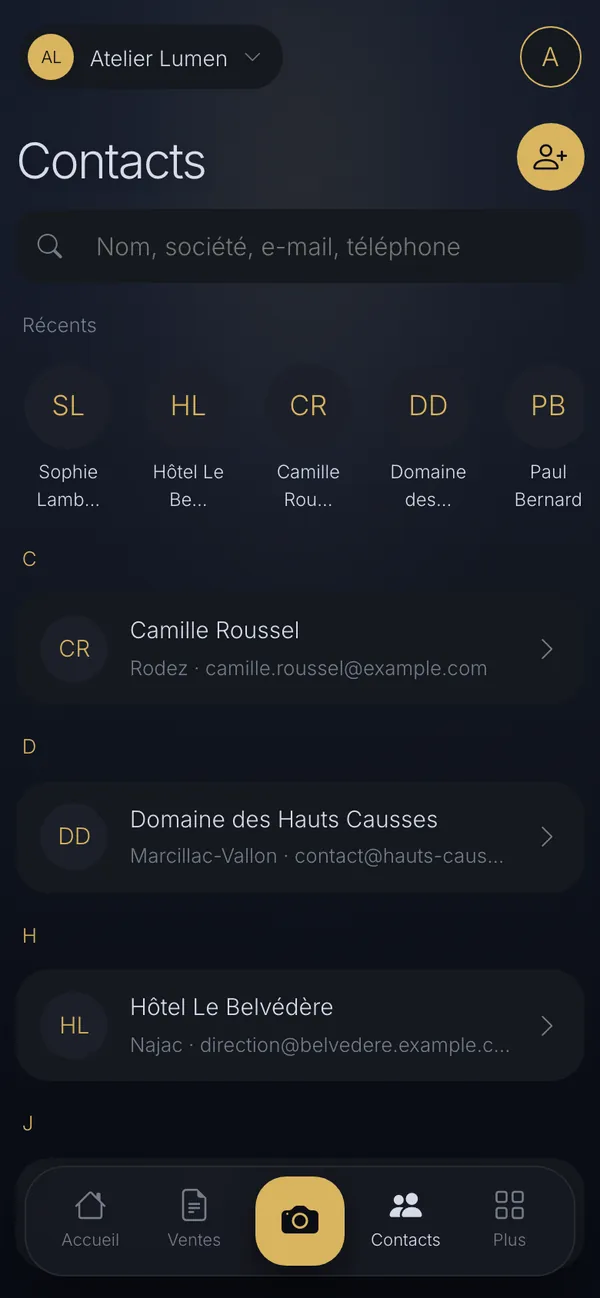 Vos clients : vue téléphone d'END OS (démo Atelier Lumen)